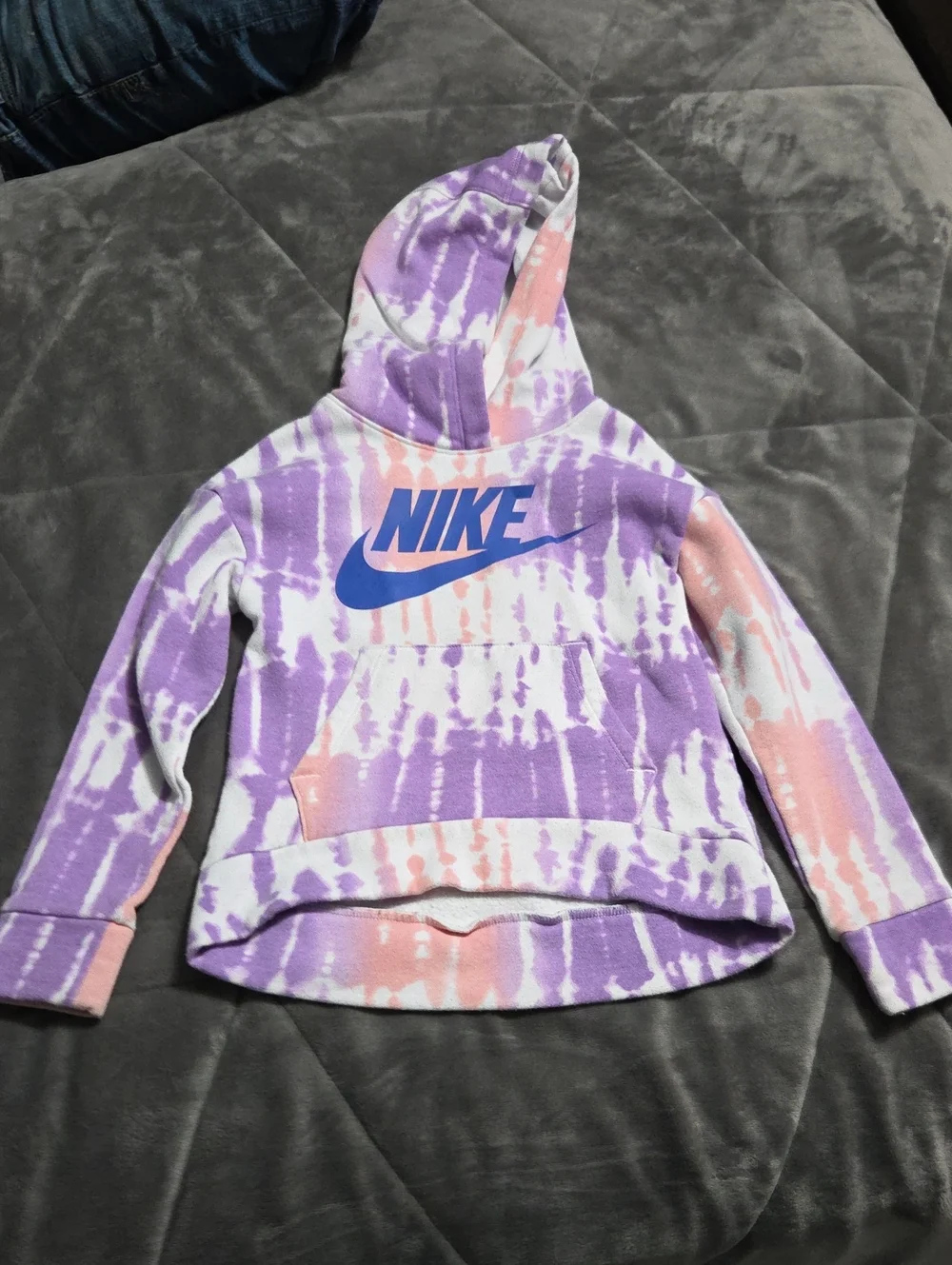 Nike Kids Purple and Pink Tie-Dye Hoodie with Blue Logo